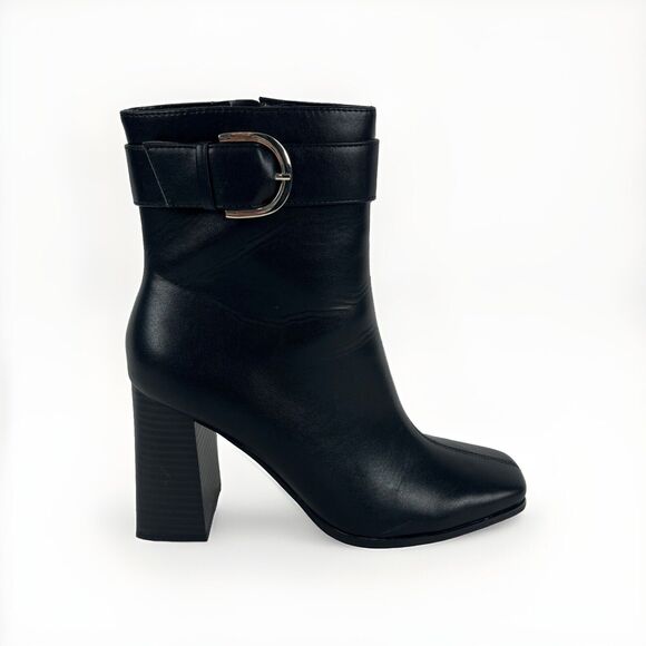 Black Ankle Boots Womens SZ 9 Zip Buckle Block Heels Faux Leather Classy NEW - Picture 4 of 16